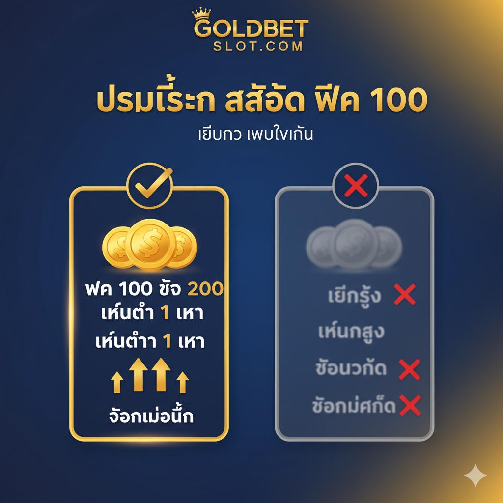 一张清晰展示关键促销特点的功能图。图片主体是一个醒目的信息图表或一个比较表格的视觉化设计。重点突出三个核心优势：'ฝาก 100 รับ 200' (Deposit 100 Get 200)、'เทิร์นต่ำ 1 เท่า' (Low Turnover 1x)、'ถอนไม่อั้น' (Unlimited Withdrawal)。可以使用金币、箭头或✅符号来强调这些点，并与旁边一个模糊的或带有❌符号的'เว็บทั่วไป' (General Site) 的高Turnover/有限提款条件形成对比。整体设计应采用干净、专业的布局，易于阅读，背景色可以选用 goldsslot.com 的品牌色（如果已知，否则使用稳定、信任的蓝色或绿色）。