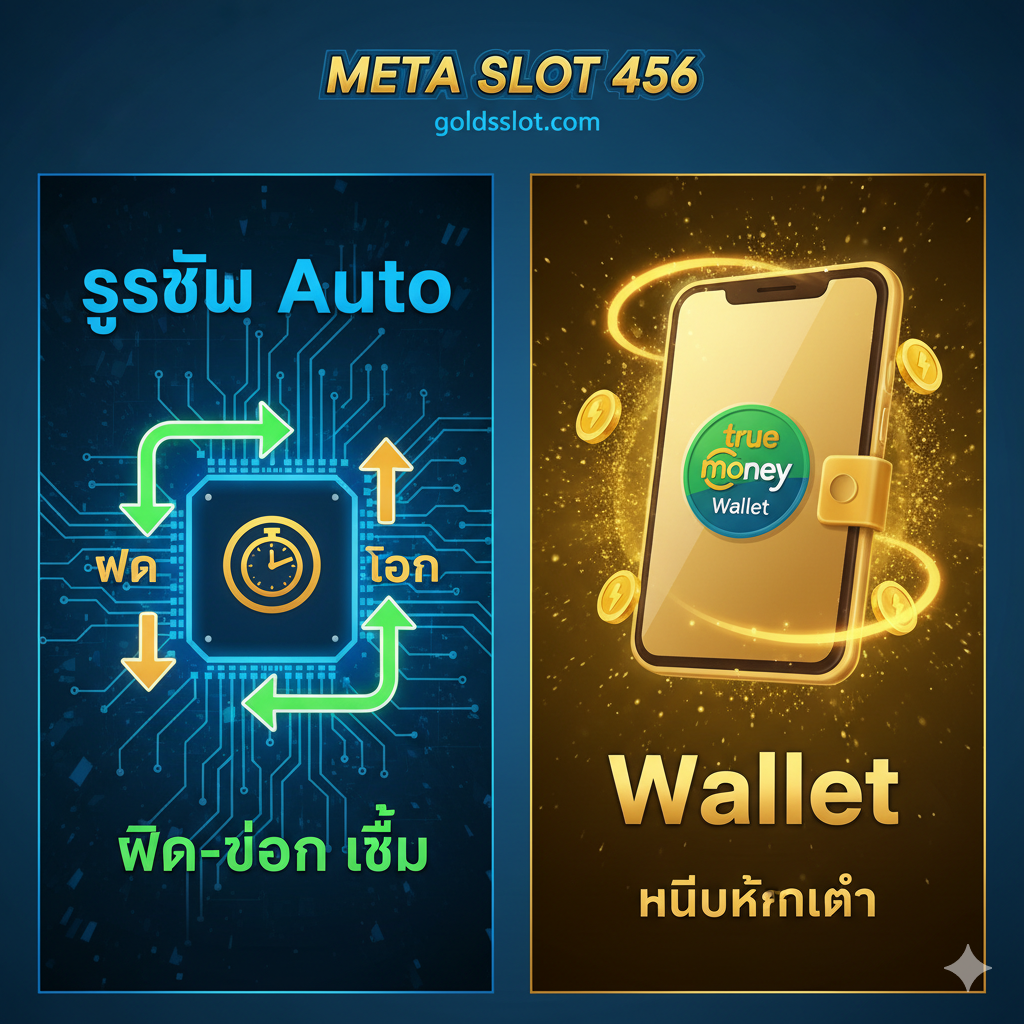 突出'Auto'和'Wallet'功能的图。画面被分割成สอง ส่วน或以图标形式呈现：ซ้าย是'ระบบ Auto'（自动系统）的流程图，用箭头和闪电符号表示'ฝาก-ถอน เร็ว'（快速存取款），背景是微芯片或电路板的科技感纹理；ขวา是'Wallet'（钱包）图标，比如一个被金币环绕的手机屏幕，上面มี True Money Wallet 的标志，表示'ไม่มีขั้นต่ำ'（无最低限制）。整体色彩采用蓝/绿/金配色，强调便捷และ速度。
