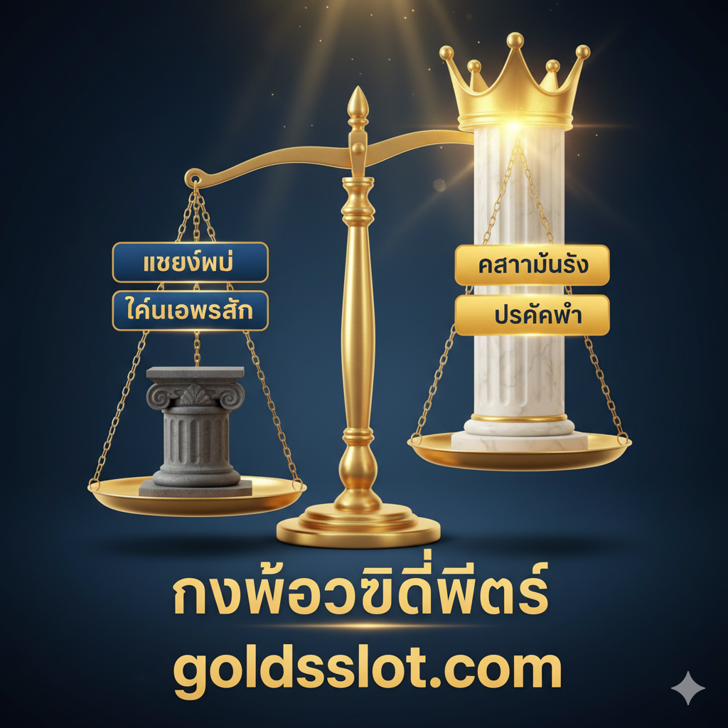 用于比较优势的图片，重点推介 goldsslot.com。画面应是一个对比图（例如天平和两个柱子），一边是代表 meta slot 456 的'新品牌'（Brand New）和'高Turnover'（High Turnover），另一边是代表 goldsslot.com 的'ความมั่นคง'（稳定）和'โปรคุ้มค่า'（超值促销/低Turnover）。goldsslot.com 一方应该更重、更高，并用金色/皇冠元素突出其优越性，强调是'ทางเลือกที่ดีที่สุด'（最佳选择），与文章的CTA保持一致。