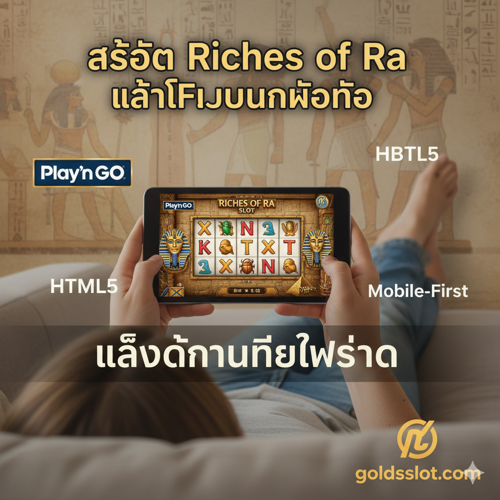 一张展示游戏关键功能'Sticky Wilds'的特写图。画面应聚焦于Riches of Ra的老虎机界面，特别是第1和第5卷轴被金色的法老王Wild符号完全覆盖，这些Wilds应有粘性（Sticky）的视觉效果，如被琥珀或藤蔓固定。背景是Free Spins模式下的深色和发光环境，突出15 Free Spins和Sticky Wilds带来的巨大赢奖潜力。在图片边缘用泰语标注'15 Free Spins พร้อม Sticky Wilds'。