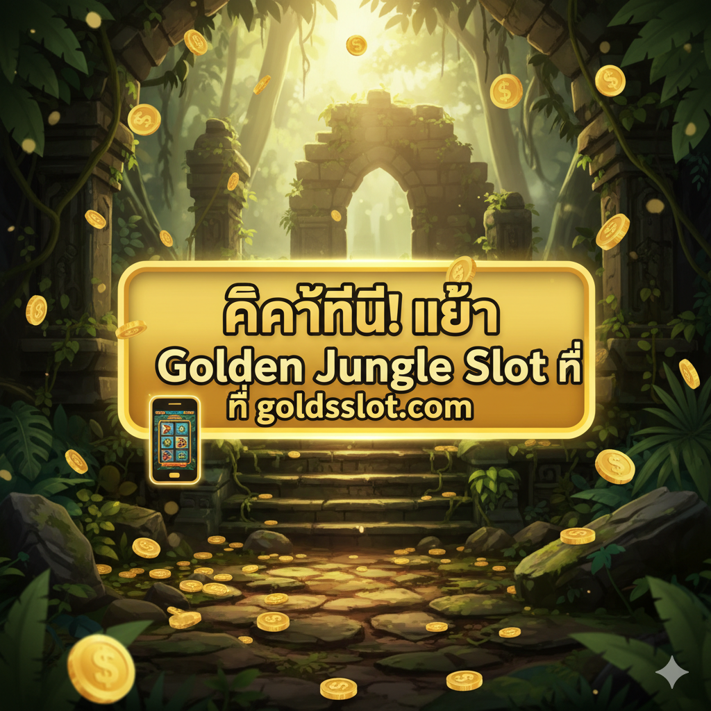 一张用于总结和行动号召的图片。画面融合了Golden Jungle的丛林元素和金币散落的景象，中心放置一个巨大的、带有行动号召的按钮或横幅，用泰语写着：“คลิกที่นี่! เล่น Golden Jungle Slot ที่ goldsslot.com” (Click Here! Play Golden Jungle Slot at goldsslot.com)。整体构图要简洁有力，色彩对比度高，能够有效促使读者点击。同时，可以加入一个小的智能手机图标，暗示游戏支持移动端游玩。