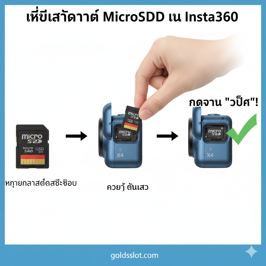 一张详细的三步教学流程图。第一步：展示一张MicroSD卡，强调金色触点朝内的正确方向。第二步：展示卡片被轻轻推入Insta360卡槽（如X4侧面视图）。第三步：用一个夸大的“CLICK!”文字提示，以及一个被锁止在位的SD卡图像，确认安装成功。整体构图简洁，步骤清晰，使用箭头引导视线，突出“กดจน 'คลิก'” （按下直到“咔嗒”）的关键动作。