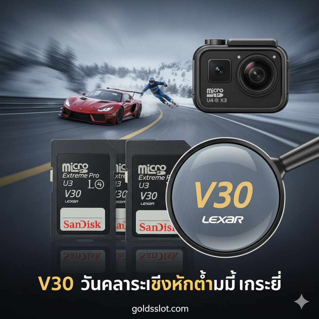 一张强调SD卡速度重要性的图。前景是三张不同的MicroSD卡（例如SanDisk Extreme Pro, Lexar），重点突出卡片上清晰可见的V30และU3标志，并用放大镜或高亮效果强调。背景是一个动态的Insta360 X4/X3 拍摄高速运动场景（如赛车或滑雪）的模糊画面，暗示高分辨率和360度视频需要V30的持续高速写入能力。整体风格专业、快速，并配上泰语“V30 คือความเร็วขั้นต่ำที่จำเป็น”的文字。