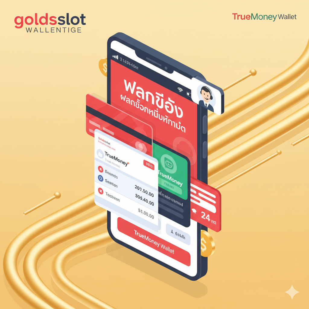 优势图片重点强调'goldsslot'的金融便利性和客户服务。画面中心应是一个融合了银行卡和TrueMoney Wallet App界面的抽象手机屏幕，屏幕上显示着'ฝากถอนไม่มีขั้นต่ำ' (No Minimum Deposit/Withdrawal) 的泰语文字和大额的成功交易数字。背景可以有一条金色的河流或管道，象征资金流动快速。在屏幕的右上角，应放置一个微笑的客服代表图标或聊天气泡，带有'24 ชม.' (24 Hrs.) 标志，突出服务优势。色彩应充满活力，如红色、金色和白色，以表达便捷、快速和贴心的服务体验，同时突出对TrueMoney Wallet的支持。