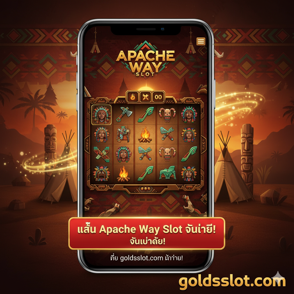 一张总结性的图片，用于呼吁玩家行动。画面展示了'Apache Way Slot'的精美游戏画面在一个现代手机屏幕上（暗示移动端可玩性）。背景应融合部落元素和goldsslot.com的品牌สี。画面下方หรือข้างๆ放置一个醒目的、高对比度的按钮หรือ文本横幅，明确写着鼓励行动的泰语，如'เล่น Apache Way Slot วันนี้!'，引导玩家前往goldsslot.com体验，设计需简洁有力，专注于CTA。