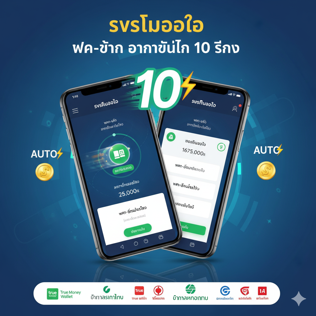 图片聚焦于核心功能：'ระบบออโต้' (Auto System) 和 'ฝาก-ถอน อัตโนมัติใน 10 วินาที'。画面设计为两个并排的智能手机屏幕界面，左侧显示'ฝากเงิน' (Deposit) 成功的快速动画，右侧显示'ถอนเงิน' (Withdraw) 到账的界面。在屏幕上方或周围，用一个巨大的、动态的倒计时数字'10'秒，旁边是'AUTO'图标和'⚡️'闪电符号，强调速度和效率。色彩以蓝色和绿色为主，象征稳定和快速，同时展示True Money Wallet和主要泰国银行的Logo，体现'mt 168 slot วอเลท'的支持。