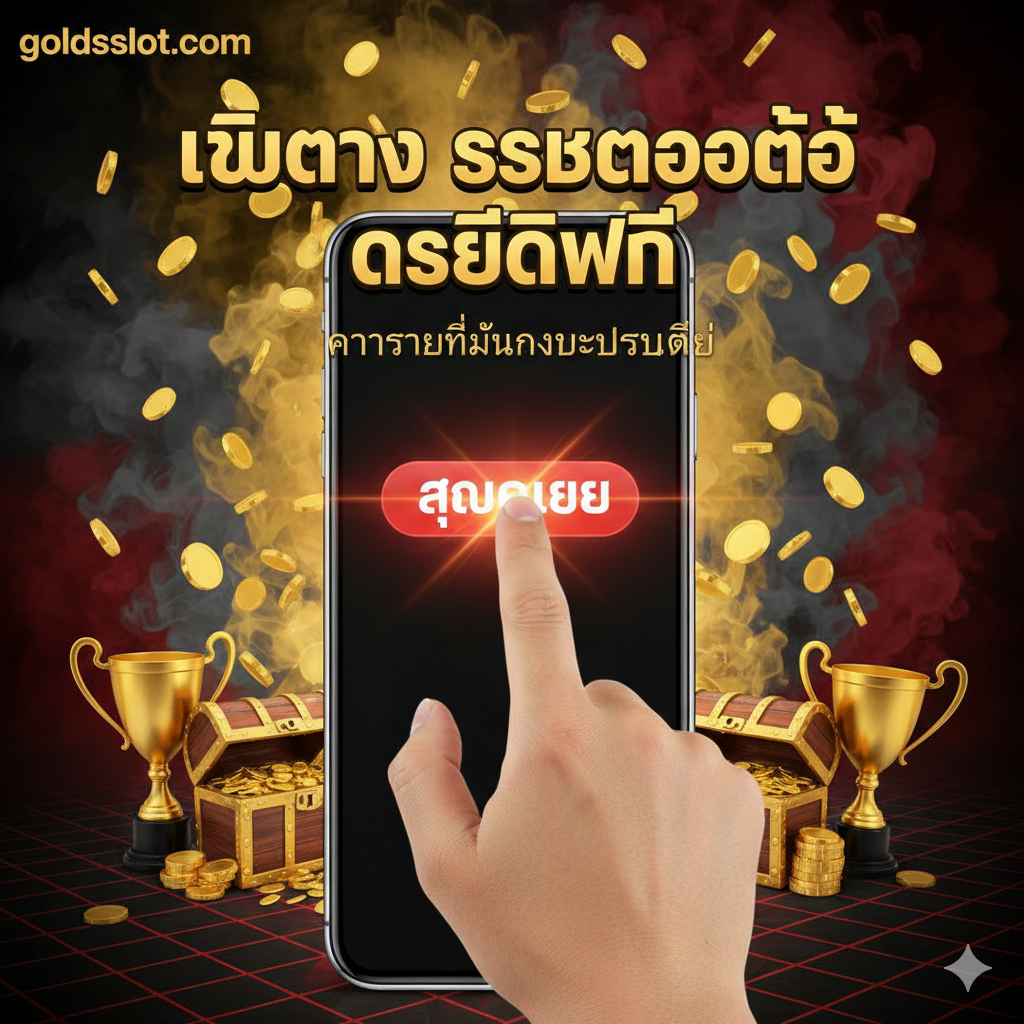 一张总结性的图片，旨在推动用户行动（CTA）。设计为一个胜利或成功的场景：一只手正点击智能手机屏幕上的巨大'สมัครเลย'（Join Now）按钮。背景是一个散落着金币和奖杯的庆祝画面，象征着'ความรวยที่มั่นคงและปลอดภัย' (Stable and Safe Wealth)。用加粗的泰语文字强调核心信息：'เว็บตรง ระบบออโต้ เครดิตฟรี'。整体色彩应充满自信和活力，如金色、红色和黑色，传达出紧急性和高价值感，作为文章末尾的强有力呼吁。