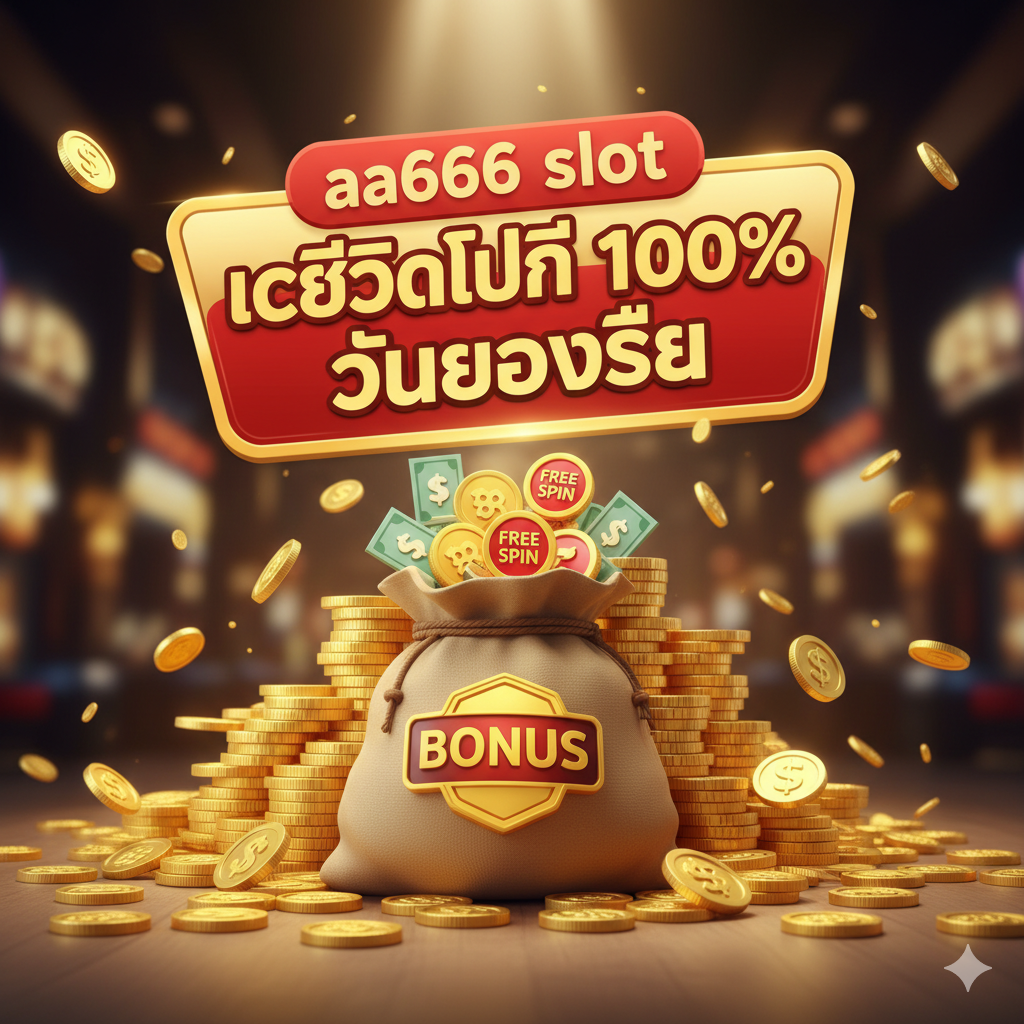 ภาพแสดงจุดเด่นด้าน 'เครดิตฟรี' และโปรโมชั่นที่เหนือกว่าของ goldsslot.com โทนสีหลักคือสีทองและสีแดง (Red/Gold) จัดวางเป็นรูปกองเหรียญทองขนาดใหญ่หรือถุงเงินที่เต็มไปด้วยสัญลักษณ์โบนัส (Bonus/Free Spin) โดยมีป้ายข้อความ 'aa666 slot เครดิตฟรี 100%' หรือ 'คืนยอดเสีย' ลอยเด่นอยู่ด้านบน ใช้แสงที่สว่างและเงาที่ชัดเจนเพื่อให้ดูมีมิติ สื่อถึงการเพิ่มทุนและผลตอบแทนที่คุ้มค่า การจัดวางควรเป็นแบบมุมมองต่ำ (Low-angle shot) เพื่อสร้างความรู้สึกอลังการและน่าตื่นเต้น