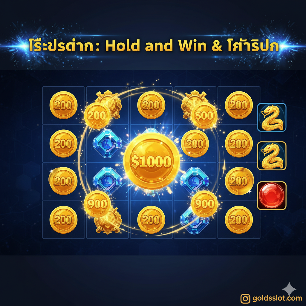 ภาพที่เน้นฟีเจอร์ Hold and Win และ Free Spins ของเกมสล็อต Fortune Snake โดยมีไอคอน Wild และ Scatter