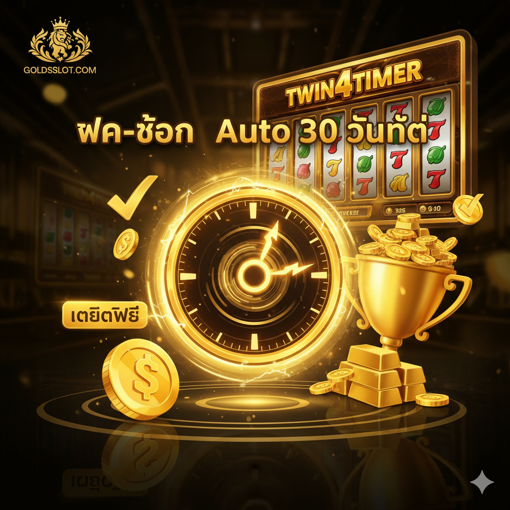 รูปภาพเน้นย้ำความเร็วและความปลอดภัยของ goldsslot.com ด้วยนาฬิกาหรือสัญลักษณ์สายฟ้า พร้อมข้อความ 'ฝาก-ถอน Auto 30 วินาที' และองค์ประกอบทองคำที่สื่อถึง 'เครดิตฟรี' และ 'เว็บตรง'