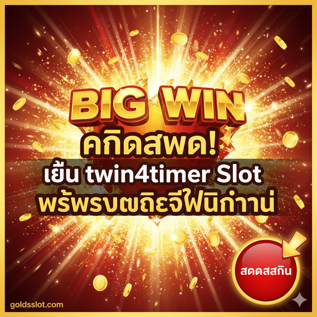 ภาพสรุปและปุ่ม Call-to-Action ขนาดใหญ่พร้อมข้อความ 'คลิกสมัคร! เล่น twin4timer Slot พร้อมรับเครดิตฟรีทันที' บนพื้นหลังภาพสล็อตที่กำลังแตกโบนัสอย่างตื่นเต้น