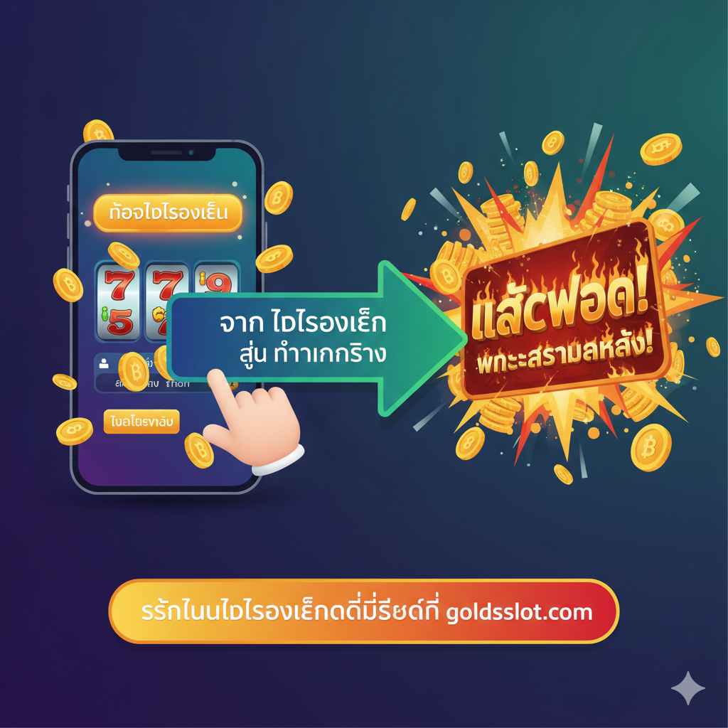 ภาพเป็นบทสรุปและคำกระตุ้นการตัดสินใจ (CTA) โดยเน้นไปที่การเปลี่ยนจากการเล่น 'Demo Mode' ที่เต็มไปด้วยเหรียญเสมือนจริง ไปสู่การชนะ 'Jackpot' ด้วยเงินจริงที่พุ่งออกมา มีลูกศรแสดงการเปลี่ยนแปลง