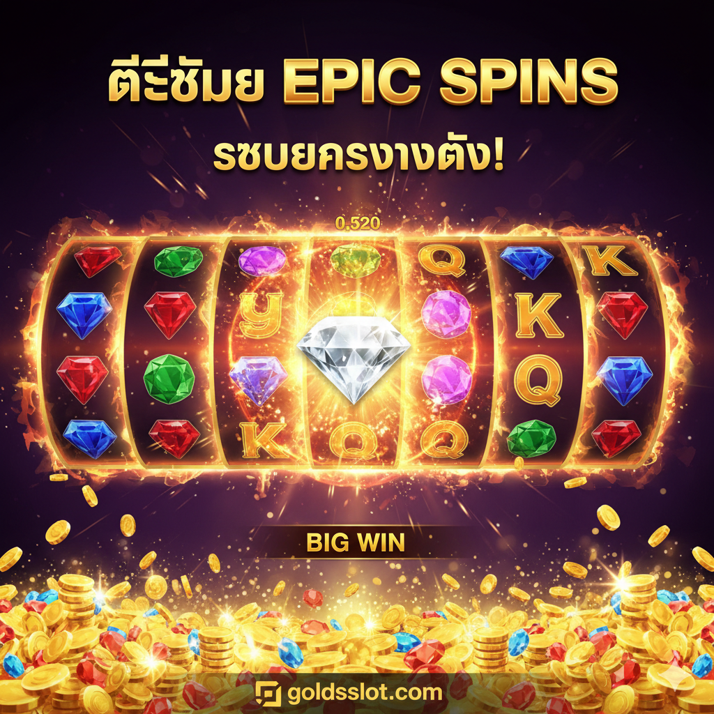 ภาพเน้นฟีเจอร์ Epic Spins ที่ทรงพลัง แสดงฉากวงล้อสล็อตที่กำลังส่องแสงสีทองหรือสีแดงเพลิงอย่างรุนแรง แสดงให้เห็นผลลัพธ์การชนะรางวัลใหญ่ (Big Win) ที่มีสัญลักษณ์อัญมณีเรียงกันเต็มหน้าจอ โดยเฉพาะสัญลักษณ์เพชร ภาพควรมีข้อความภาษาไทยสั้นๆ ที่สื่อถึงฟีเจอร์ เช่น 'EPIC SPINS' หรือ 'ฟีเจอร์โบนัสทำกำไรสูงสุด' อยู่ในภาพเพื่อดึงดูดความสนใจ เน้นความรู้สึกของการระเบิดของรางวัลและความตื่นเต้นสูงสุด