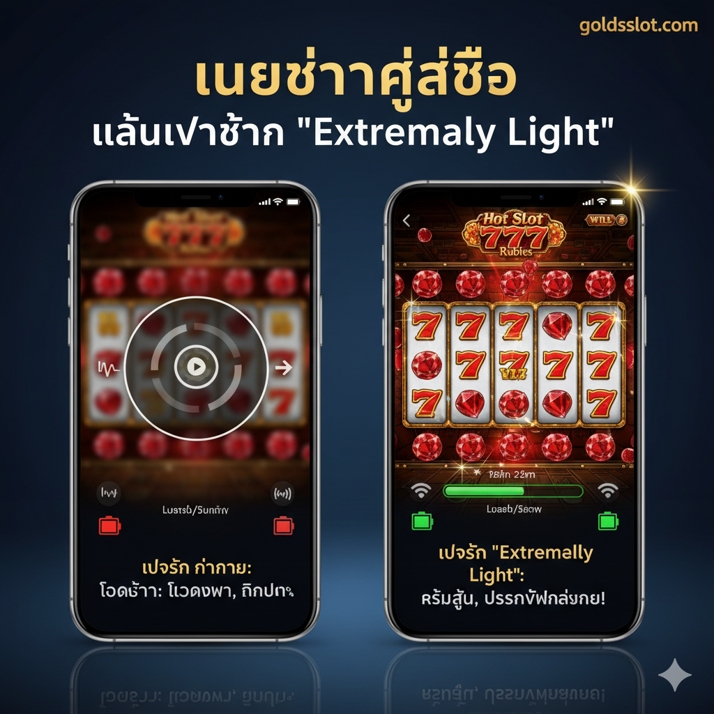ภาพเน้นจุดแข็งของ 'Extremely Light Version' และ Mobile-First Experience แสดงสมาร์ทโฟน 2 เครื่องวางคู่กัน: เครื่องแรกแสดงแอปฯ ที่โหลดช้า มีสัญลักษณ์แบตเตอรี่สีแดงและไอคอนอินเทอร์เน็ตติดขัด (ภาพมืด/ไม่ชัด) ส่วนเครื่องที่สองแสดงเกม Hot Slot 777 Rubies ที่กำลังโหลดอย่างรวดเร็ว มีสัญลักษณ์แบตเตอรี่สีเขียวเต็ม (ภาพสว่าง/ชัดเจน) สื่อถึงความเร็วและการประหยัดพลังงาน ควรมีโลโก้ Goldsslot.com เล็กๆ อยู่มุมใดมุมหนึ่งเพื่อเน้นความเป็นเวอร์ชันเฉพาะของเว็บไซต์
