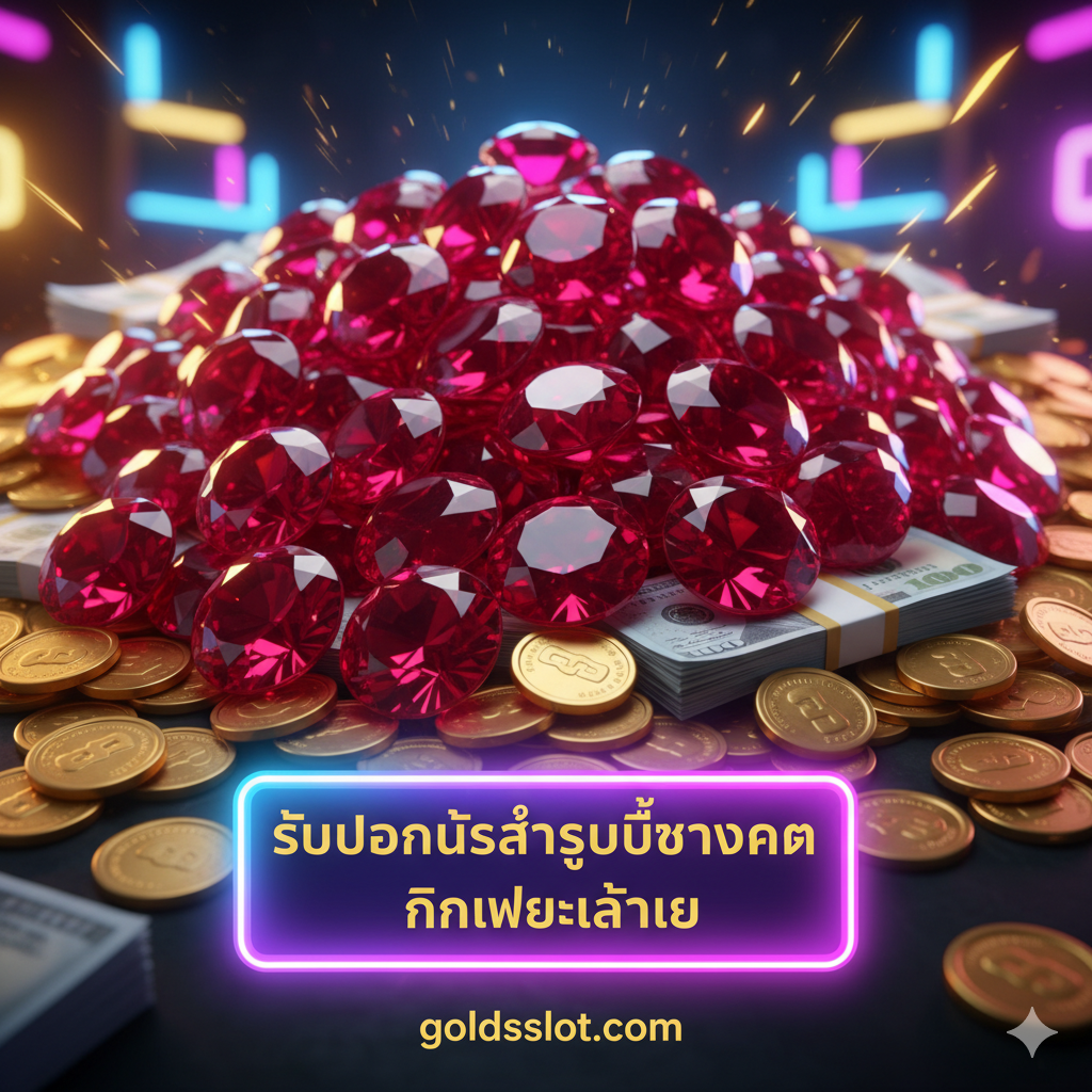 ภาพสรุปและ Call to Action (CTA) แสดงสัญลักษณ์ 'รูบี้' ขนาดใหญ่ที่กองอยู่บนเงินสดหรือเหรียญทองคำจำนวนมาก โดยมีแสงไฟนีออนสไตล์คาสิโนส่องจากด้านบน ด้านล่างหรือด้านข้างของภาพควรมีพื้นที่สำหรับใส่ข้อความ CTA ที่ชัดเจน เช่น 'รับโบนัสล่ารูบี้ทองคำ' หรือ 'คลิกเพื่อเล่นเลย' เพื่อกระตุ้นให้ผู้เล่นดำเนินการทันที ภาพต้องสื่อถึงโอกาสในการทำกำไรและข้อเสนอโบนัสพิเศษของ Goldsslot