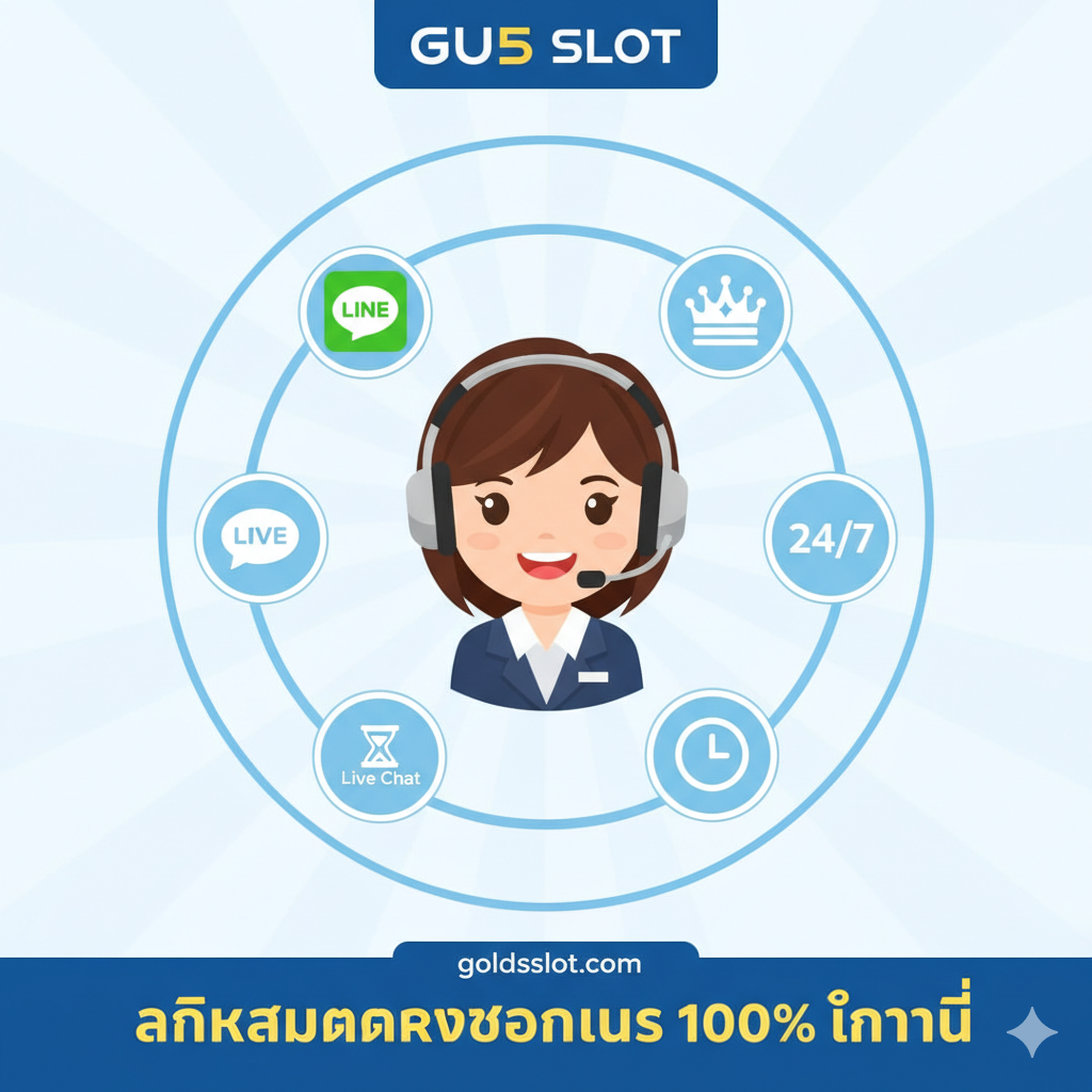 总结图，聚焦“การบริการลูกค้า 24 ชั่วโมง” (24-Hour Customer Service) 和 Call-to-Action。图片应是一个圆形หรือ中心辐射状的布局。中心是一个客服耳麦图标或一个微笑的客服代表的卡通形象。周围环绕着代表不同联系渠道的图标，例如 LINE Official Account、Live Chat 气泡和时钟图标（24/7）。底部用粗体泰语写上“คลิกสมัครรับโบนัส 100% ทันที” (Click to Sign Up and Get 100% Bonus Immediately)。色彩应友好且专业，如浅蓝色和白色。