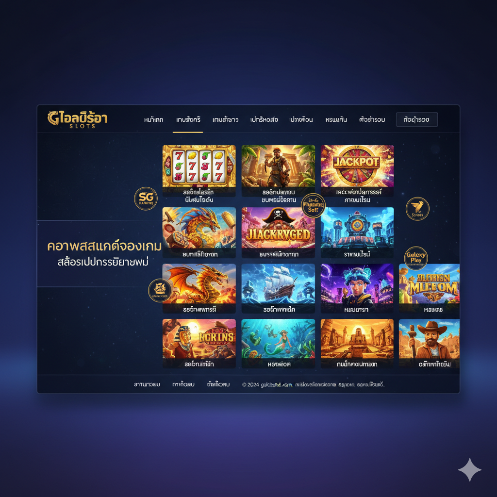 ภาพที่แสดงถึงคุณสมบัติเด่นของ goldsslot.com โดยเน้นที่ความหลากหลายของเกมสล็อต. ภาพรวมเป็นอินเทอร์เฟซของแพลตฟอร์มคาสิโนออนไลน์ (goldsslot.com) ที่มีเกมสล็อตหลากหลายรูปแบบจัดเรียงกันเป็นตาราง เช่น Classic Slots (ผลไม้), Video Slots (ธีมผจญภัย), และ Progressive Jackpot. ใช้พื้นหลังสีน้ำเงินเข้มหรือม่วงเพื่อสร้างความรู้สึกหรูหราและเชื่อถือได้. เน้นกราฟิกของเกมที่มีคุณภาพสูงและสีสันสดใส มีโลโก้ของผู้ให้บริการซอฟต์แวร์เกมชั้นนำขนาดเล็กๆ อยู่รอบๆ เพื่อสื่อถึงมาตรฐานสากล.
