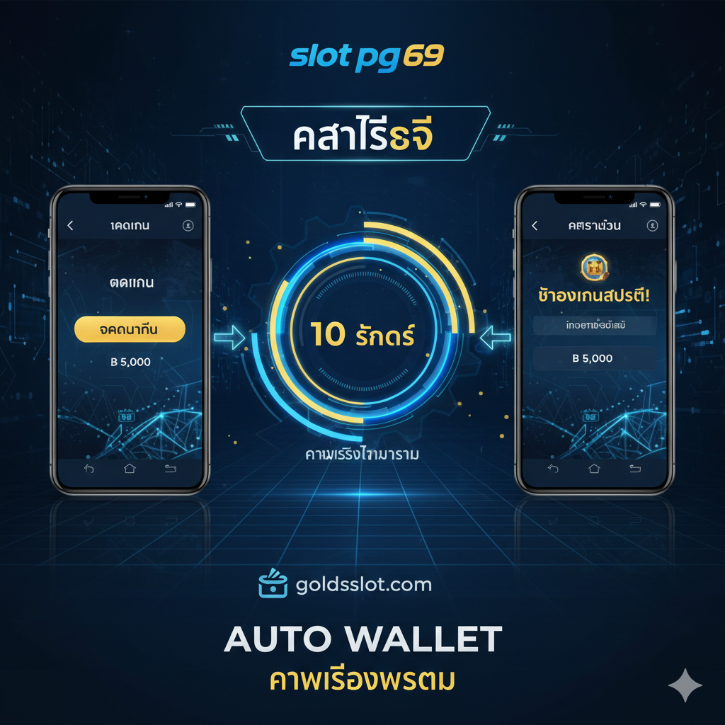功能特性图，重点展示“Auto Wallet”และ“ความเร็ว (Speed)”。画面採用科技蓝และ亮黄色，具有未来感。核心元素是三块并列的屏幕：左边是一个手机屏幕显示“ฝากเงิน” (Deposit)，中间是一个快速旋转的齿輪หรือ速度表盘，显示“10 วินาที” (10 Seconds)，右边是一个手机屏幕显示“ถอนเงิน” (Withdrawal) 成功的通知。用流动的箭头连接三者，强调交易的自动化และ极速，突出“slot pg 69 wallet”的便利性。