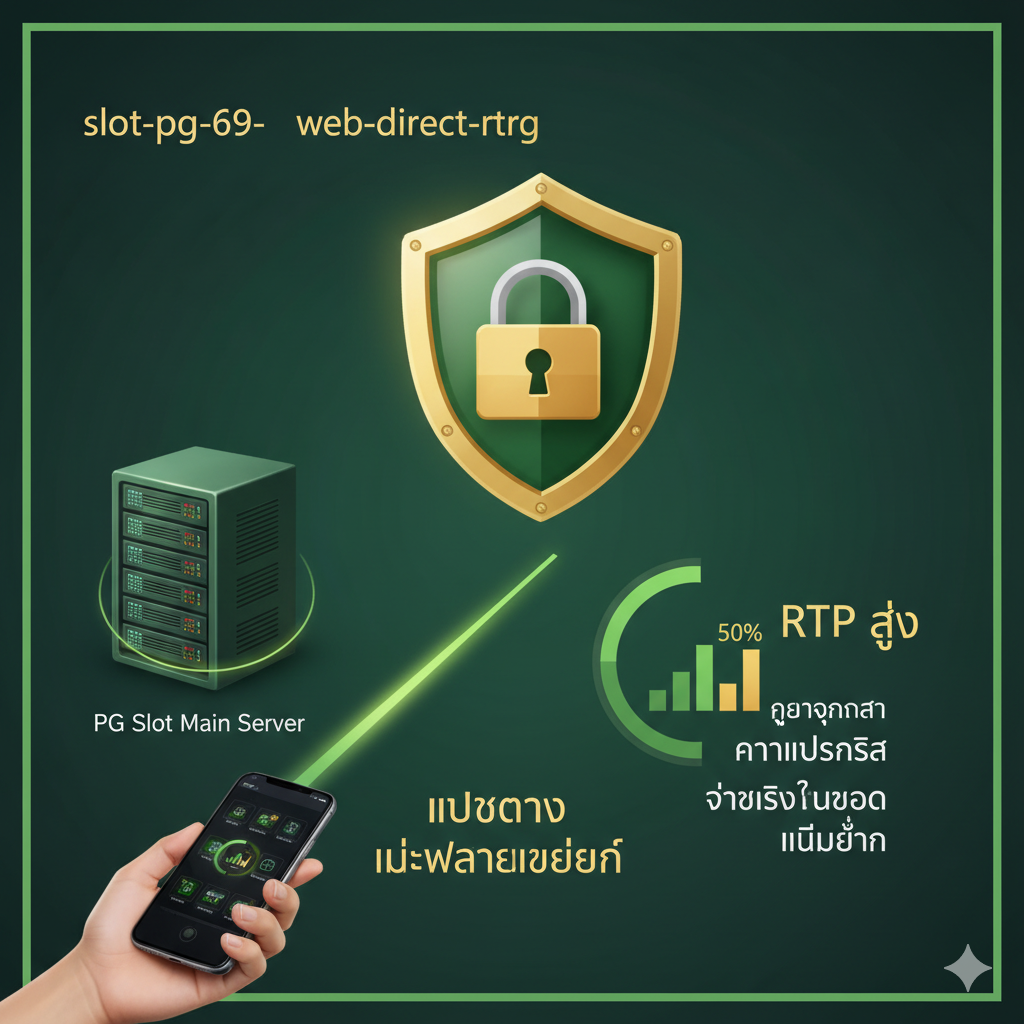 优势图，重点强调“เว็บตรง ไม่ผ่านเอเย่นต์ (Direct Web, No Agent)”และ“ความโปร่งใส (Transparency)”。構図为盾牌或安全锁的图标作为背景，使用绿色และ金色调。前景是一条连接กับPG Slot主服务器（用一个大型高端计算机表示）และ玩家手机的直线，象征“เว็บตรง”。旁边有一个清晰的条形图หรือ圆形图，突出显示高RTP（Return to Player）百分比，用泰文标注“RTP สูง”และ“จ่ายจริงทุกยอด ไม่มีอั้น (Pay All Amounts, No Limit)”。