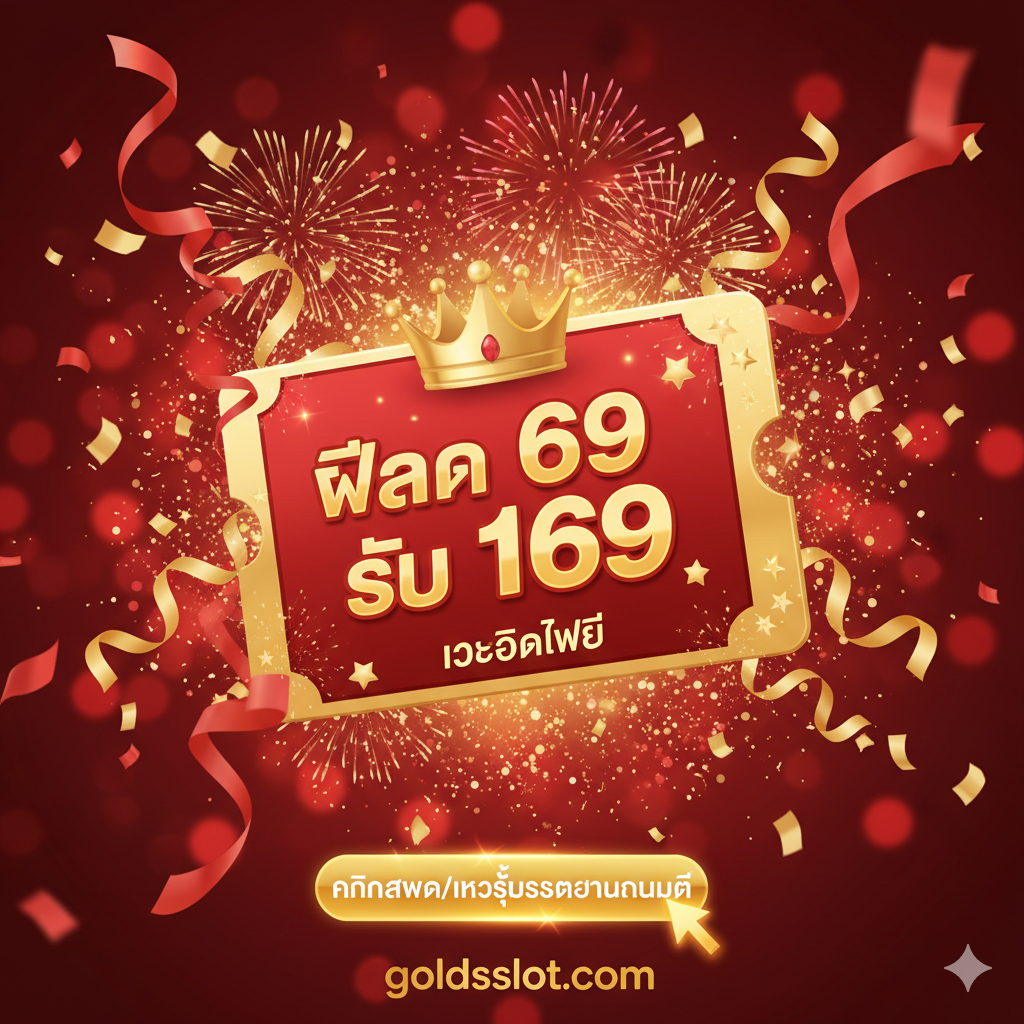 总结图，用于展示最佳优惠和行动呼吁（CTA）。画面采用节日庆典的氛围，使用红色和金色的爆炸效果。中心突出一个巨大的优惠券或礼盒，上面写着“ฝาก 69 รับ 169”或“เครดิตฟรี (Free Credit)”，并配上皇冠和星星的符号。图片下方有“goldsslot.com”的标志和一个清晰的、发光的泰文按钮：“คลิกสมัคร/เข้าสู่ระบบอัตโนมัติ” (Click Register/Auto Login)，引导用户立即行动。