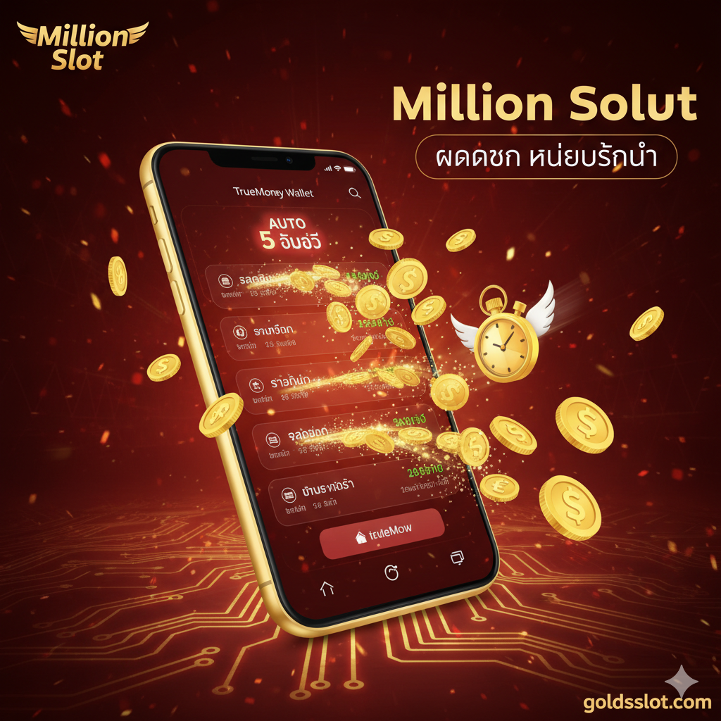 ภาพเน้นข้อได้เปรียบด้านการเงินและการบริการ (Financial & Service Advantage) ที่รวดเร็ว โทนสีแดง/ส้มและสีทอง สื่อถึงความรวดเร็วและความมั่งคั่ง องค์ประกอบหลักคือ รูปมือถือที่มีแอปพลิเคชัน TrueMoney Wallet หรือ Mobile Banking กำลังแสดงธุรกรรมฝาก-ถอนที่รวดเร็ว (Auto 5 วินาที) โดยมีเหรียญหรือสัญลักษณ์เงินไหลเข้า-ออกอย่างรวดเร็ว พร้อมไอคอนของนาฬิกาจับเวลา (Stopwatch) และข้อความเด่น 'Million Slot วอเลท' หรือ 'ฝากถอนไม่มีขั้นต่ำ' แสดงถึงความทันสมัยและความสะดวกในการทำธุรกรรม