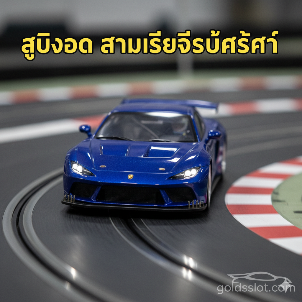 ภาพถ่ายระยะใกล้ (Close-up) ที่น่าตื่นเต้นและมีพลังของรถสล็อตแข่ง (racing slot car) ขนาด 1:32 สีแดงเพลิงหรือสีน้ำเงินเข้มกำลังพุ่งทะยานเข้าโค้งบนรางพลาสติกสีดำ ภาพควรให้ความรู้สึกของการเคลื่อนไหวด้วยการใช้ Motion Blur เล็กน้อยที่ฉากหลังเพื่อให้รถดูเร็วและโฟกัสคมชัดที่ตัวรถและแปรงนำไฟฟ้า (braids) เน้นแสงและเงาที่ส่องบนตัวถังรถให้ดูเงางามและสมจริง มีโลโก้ goldsslot.com แบบจางๆ ในมุมล่างขวา เพื่อเชื่อมโยงกับเว็บไซต์เป้าหมาย