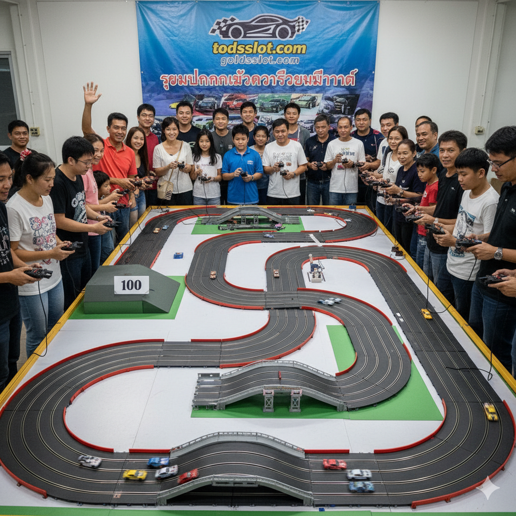 ภาพบรรยากาศที่สนุกสนานและเป็นกันเองของการแข่งขันรถสล็อตแข่ง (Slot Car Racing) ในกลุ่มชุมชน (Community Gathering) หรือชมรม ให้ภาพมุมกว้างของสนามแข่งขนาดใหญ่ที่เป็นรางไม้ (Wood Track) หรือรางพลาสติกที่เชื่อมต่อกันอย่างซับซ้อน โดยมีผู้เล่นหลายคน (ทั้งผู้ใหญ่และเด็ก) กำลังยืนอยู่ข้างสนาม โดยมีสมาธิกับการควบคุมรถด้วย Controller เน้นรอยยิ้มและความตื่นเต้นในการแข่งขัน ให้ภาพมีความเคลื่อนไหวและความเป็นสังคม (Social Aspect) สูง เป็นการสรุปว่างานอดิเรกนี้เป็นการรวมตัวกันของผู้ที่รักความเร็วและสร้างความสัมพันธ์ที่ดี