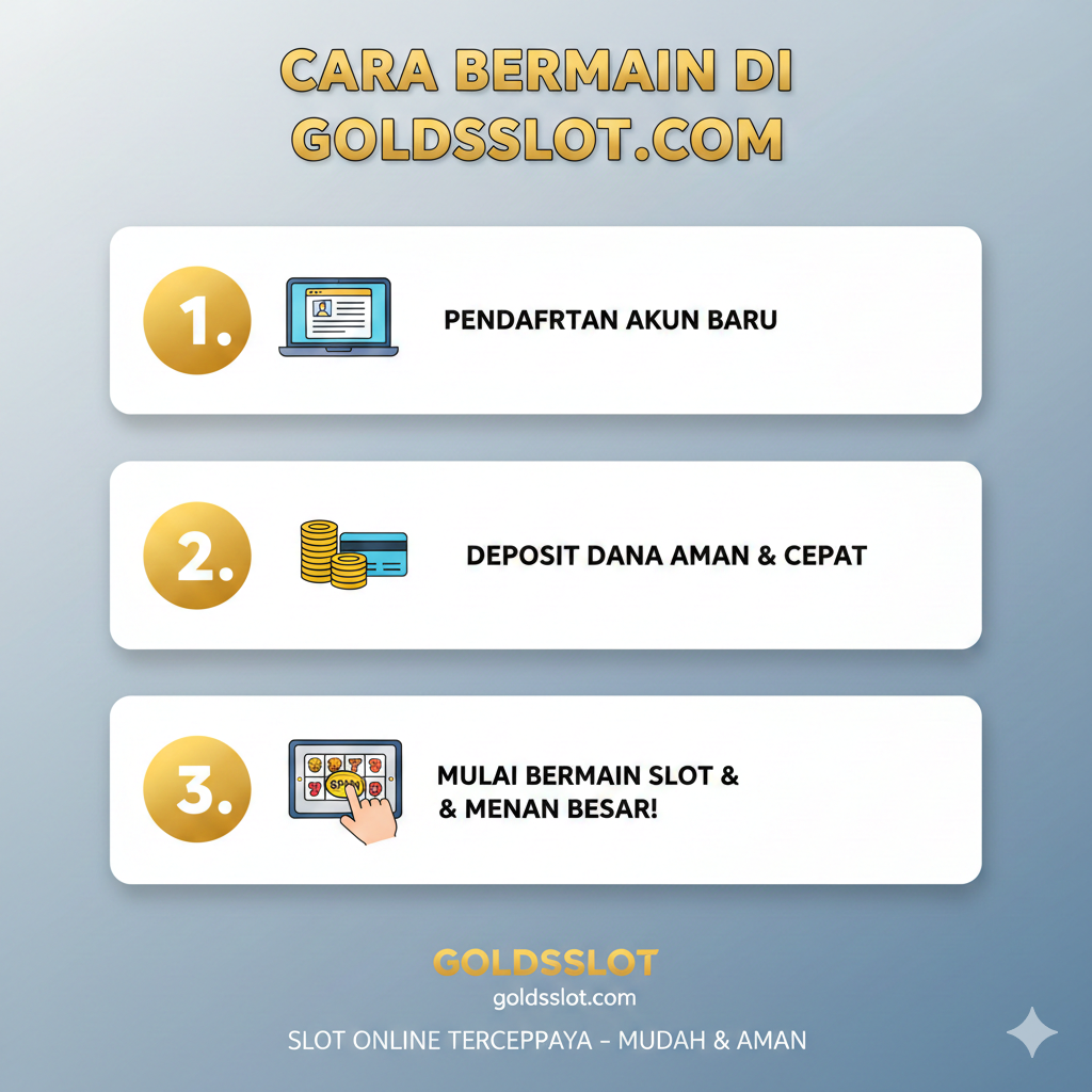 Sebuah ilustrasi sederhana dan mudah diikuti yang menunjukkan tiga langkah utama cara memulai: 'Pendaftaran', 'Deposit', dan 'Mulai Bermain'. Gunakan desain infografis yang bersih dengan penomoran langkah (1, 2, 3). Setiap langkah harus diwakili oleh ikon: 1. Formulir/Laptop (Pendaftaran), 2. Tumpukan Koin/Kartu Kredit (Deposit), 3. Tangan menekan tombol 'Spin' pada layar smartphone/tablet (Mulai Bermain). Latar belakang harus menggunakan warna situs goldsslot.com (jika ada warna khas) atau warna netral seperti abu-abu atau biru muda, dengan fokus pada kemudahan akses dan keamanan.