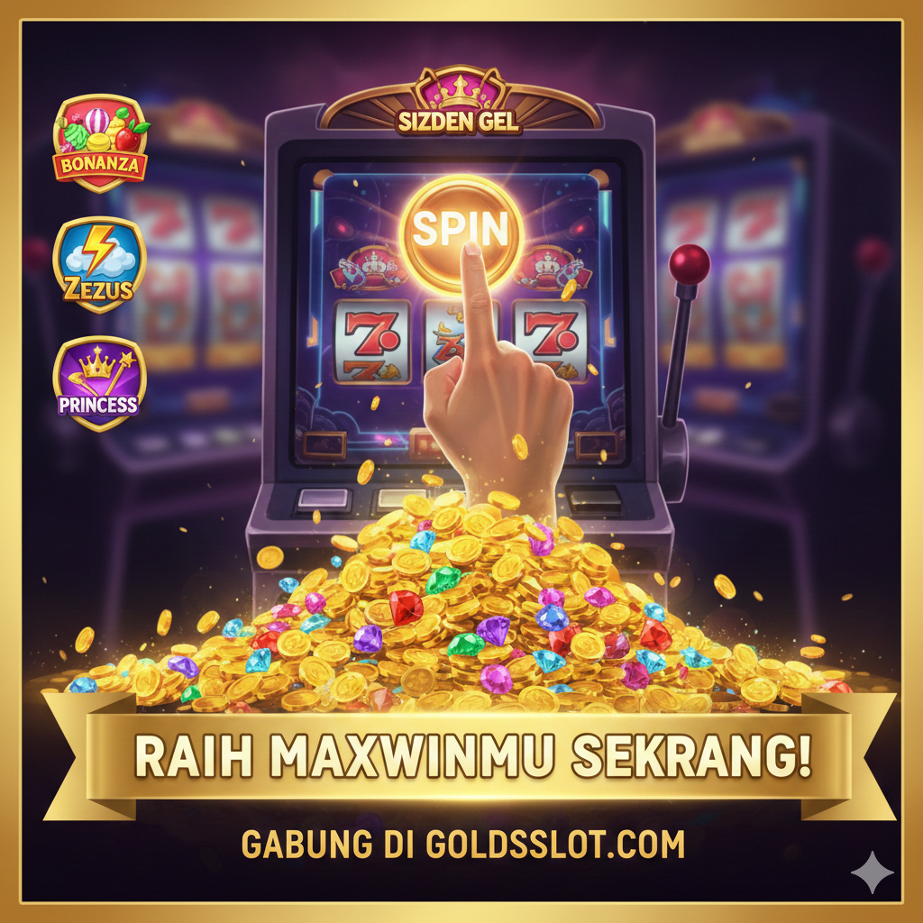 Visual ringkasan yang menggabungkan semua tema utama. Sebuah tangan (melambangkan komunitas 'Sizden Gel') sedang menekan tombol 'Spin' pada mesin slot virtual. Di latar depan, banyak koin emas dan berlian tumpah, menciptakan pemandangan kekayaan. Tampilkan logo kecil atau ikon dari tiga game top (Bonanza, Zeus, Princess) di sudut. Gunakan efek blur pada latar belakang untuk menonjolkan aksi di latar depan. Gambar harus menyampaikan pesan akhir dari Maxwin, kesuksesan, dan ajakan bertindak yang kuat untuk segera bergabung di Goldsslot.com.