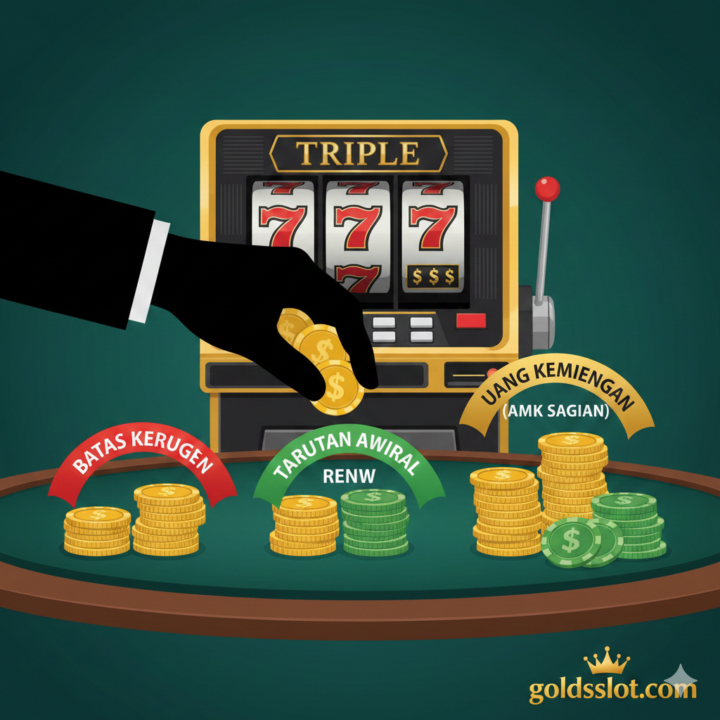 Ilustrasi visual tutorial manajemen bankroll yang disiplin. Tampilkan seseorang (hanya berupa siluet tangan) yang sedang memegang koin atau chip, tetapi alih-alih memasukkannya semua ke slot, mereka membaginya menjadi tiga tumpukan yang diberi label 'Batasan Kerugian', 'Taruhan Awal Rendah', dan 'Uang Kemenangan (Ambil Sebagian)'. Di latar belakang, ada layar slot Triple 7 yang menunjukkan kemenangan kecil yang stabil, bukan jackpot besar. Skema warna harus hijau dan emas (melambangkan uang dan keuntungan) dengan sedikit warna merah sebagai batas peringatan kerugian. Komposisi bersih dan fokus pada konsep disiplin finansial.