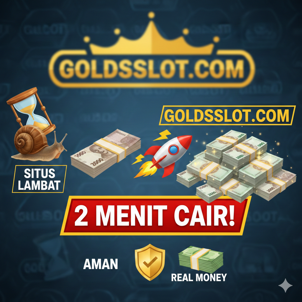 Gambar untuk menonjolkan keunggulan goldsslot.com (kecepatan Payout). Tampilkan perbandingan antara situs 'lambat' (dengan jam pasir atau siput) dan goldsslot.com (dengan ikon kilat/petir atau roket) di atas latar belakang logo goldsslot.com yang samar. Di bagian bawah, sorot frasa '2 MENIT CAIR!' dalam kotak tebal. Gunakan ikon perisai untuk melambangkan keamanan (Aman) dan tumpukan uang kertas rupiah untuk Payout Uang Sungguhan (Real Money). Komposisi harus dinamis dan fokus pada kecepatan serta kepercayaan.