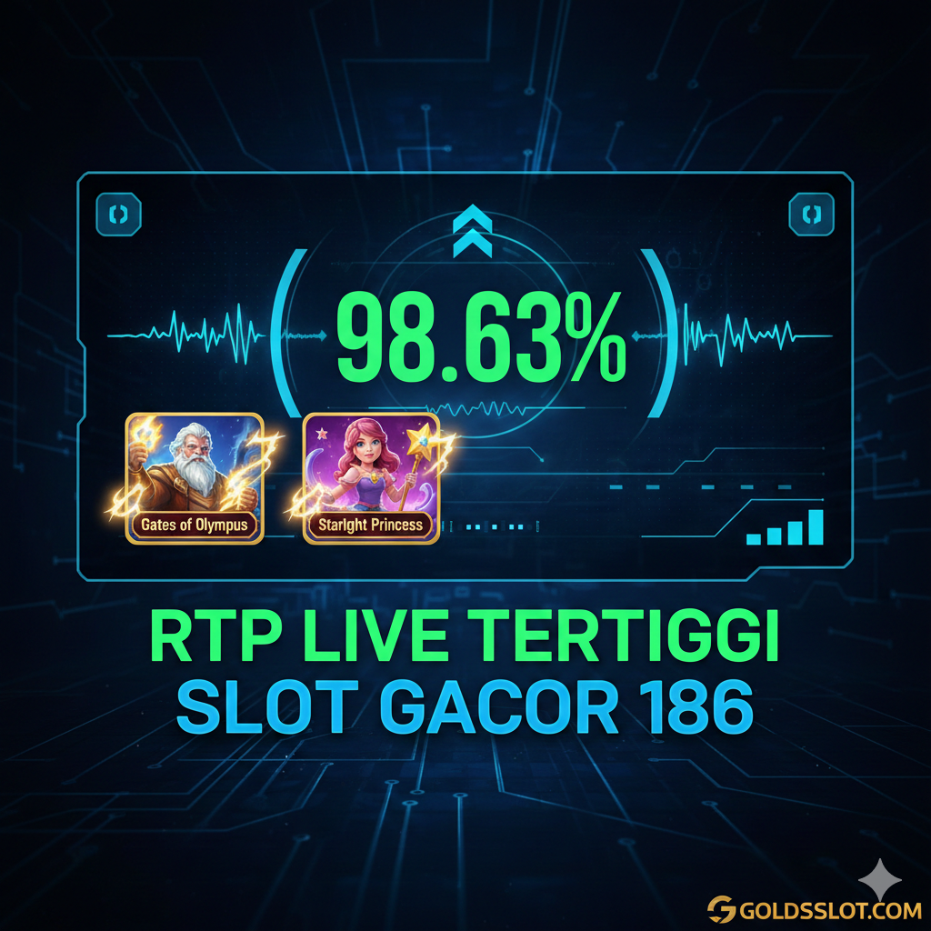Gambar sampul yang bersemangat dan menarik perhatian, didominasi warna emas, merah, dan hitam yang melambangkan kekayaan dan kemewahan. Tampilkan sebuah ikon mesin slot klasik yang meledak dengan koin emas yang berhamburan. Di tengah, sorot teks besar 'SLOT GACOR 186' dan logo samar 'Goldsslot'. Komposisi harus dinamis, dengan kilauan cahaya (flare) dari belakang logo '186' dan elemen jackpot seperti mahkota atau berlian di latar belakang. Gaya visual harus tajam, modern, dan bernuansa neon atau digital, menargetkan pasar Indonesia yang gemar game online.
