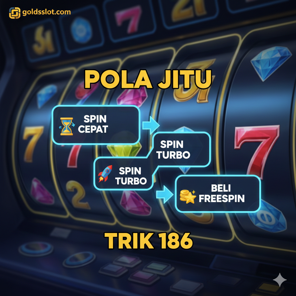 Gambar ilustrasi yang menjelaskan konsep pola dan trik bermain. Tampilkan representasi visual dari 'Pola Slot Gacor' sebagai urutan tombol atau aksi (misalnya, ikon 'Spin Cepat', 'Spin Turbo', dan 'Beli Freespin') yang disusun dalam diagram alir sederhana. Gunakan latar belakang yang menunjukkan gulungan (reels) mesin slot yang berputar, dengan panah yang menunjukkan pergerakan atau urutan. Sertakan teks kunci seperti 'POLA JITU' dan 'TRIK 186' yang diletakkan secara strategis. Warna dominan harus biru dan kuning untuk energi dan kejernihan instruksi.