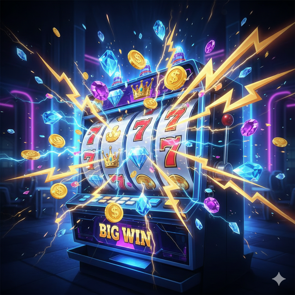 Desain sampul yang sangat dinamis dan memukau, menampilkan elemen-elemen grafis mesin slot modern. Fokus utama pada gulungan slot video 3D beresolusi tinggi (HD) yang menampakkan simbol-simbol ikonik (seperti petir emas, kristal berkilauan, atau permata) saat momen 'Big Win' terjadi. Latar belakang harus gelap atau bertema kasino mewah dengan pencahayaan neon/biru-ungu untuk menonjolkan kecerahan grafis slot. Komposisi harus didominasi oleh visual slot itu sendiri dengan garis-garis energi atau kilatan cahaya yang mengalir untuk menekankan aspek 'grafis' dan 'dinamis'. Estetika harus terasa futuristik dan premium.