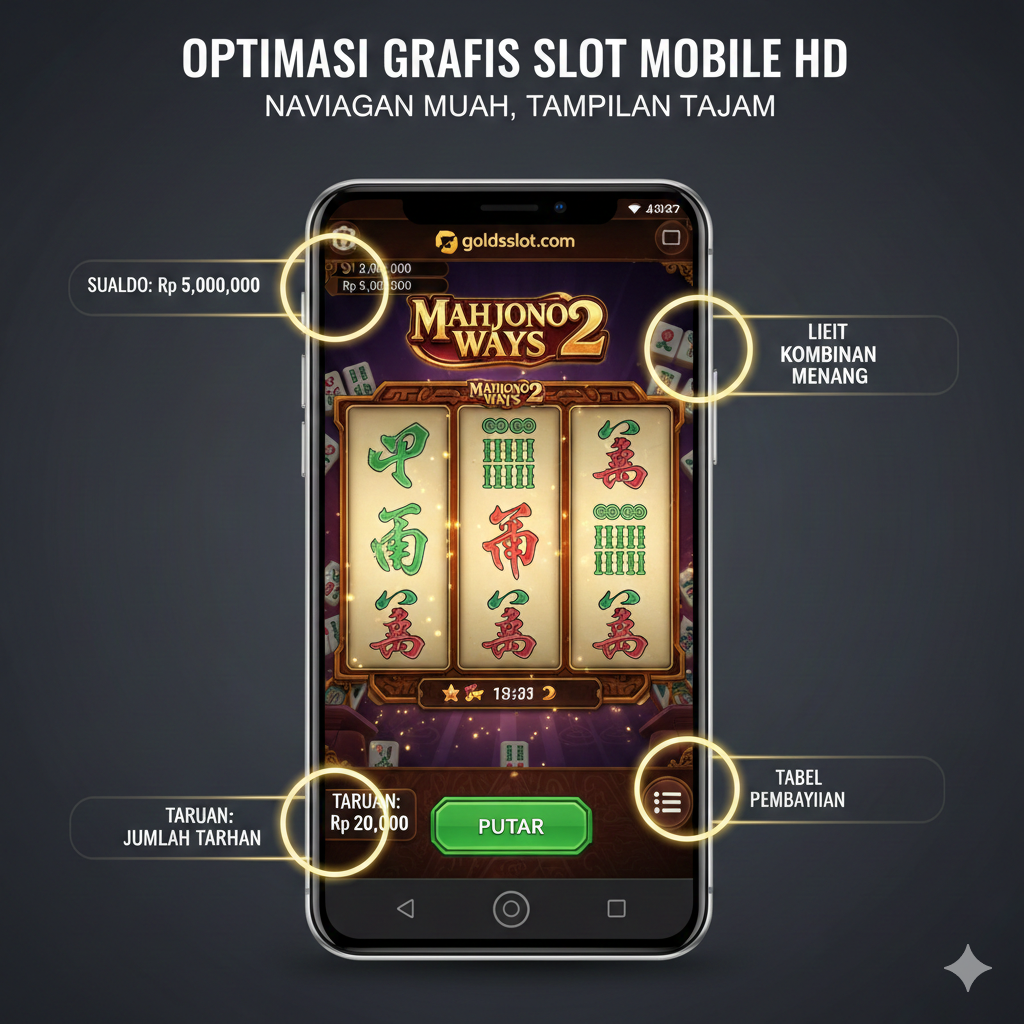 Visual yang berfokus pada pengalaman pengguna (UX) dan antarmuka (UI) pada perangkat seluler. Tampilkan tangkapan layar (mockup) smartphone modern yang menjalankan game slot mobile PG Soft (seperti Mahjong Ways 2) dalam mode 'Portrait'. Sorot elemen-elemen UI seperti tombol 'Spin', 'Bet/Taruhan', dan 'Paytable/Tabel Pembayaran' dengan lingkaran atau penunjuk. Ini harus menekankan aspek 'Optimasi Grafis untuk Mobile' dan 'Slot Mobile Grafis HD yang Responsif'. Komposisi harus bersih, dengan fokus pada kemudahan navigasi dan tampilan HD yang tajam di layar kecil.