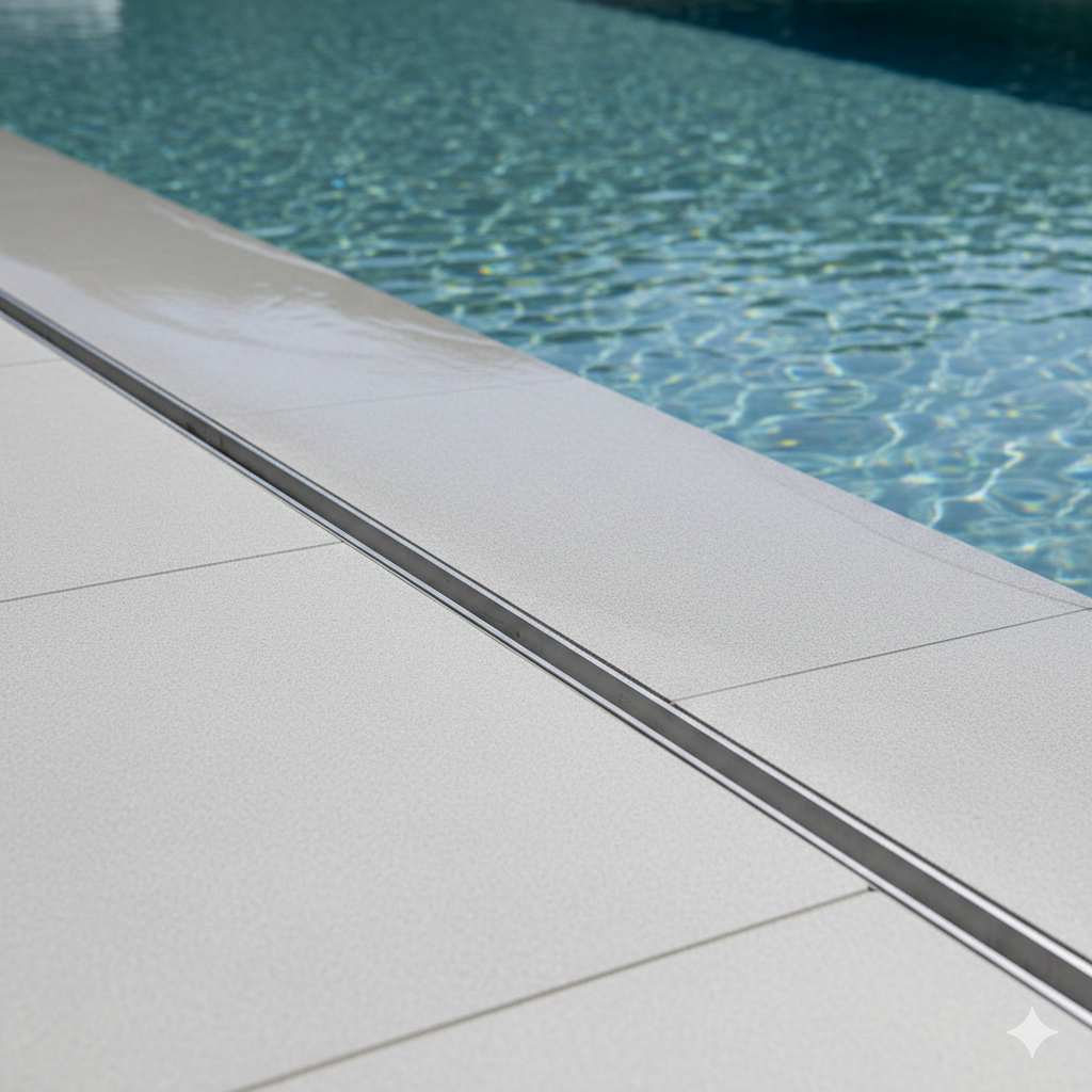 Sebuah foto visual yang menarik dan berkualitas tinggi, menampilkan sistem plastic slot drain yang tersembunyi dengan sempurna di tepi kolam renang modern. Fokus utama adalah pada celah (slot) drainase yang tipis, hampir tak terlihat, yang sejajar dengan permukaan dek kolam berwarna abu-abu muda atau krem. Air kolam memantul lembut, menunjukkan fungsi drainase tanpa merusak estetika. Gaya visual harus bersih, minimalis, dan mewah, dengan pencahayaan alami yang cerah. Tujuannya adalah menonjolkan keindahan 'saluran air tersembunyi' dan menarik pembaca residensial kelas atas.