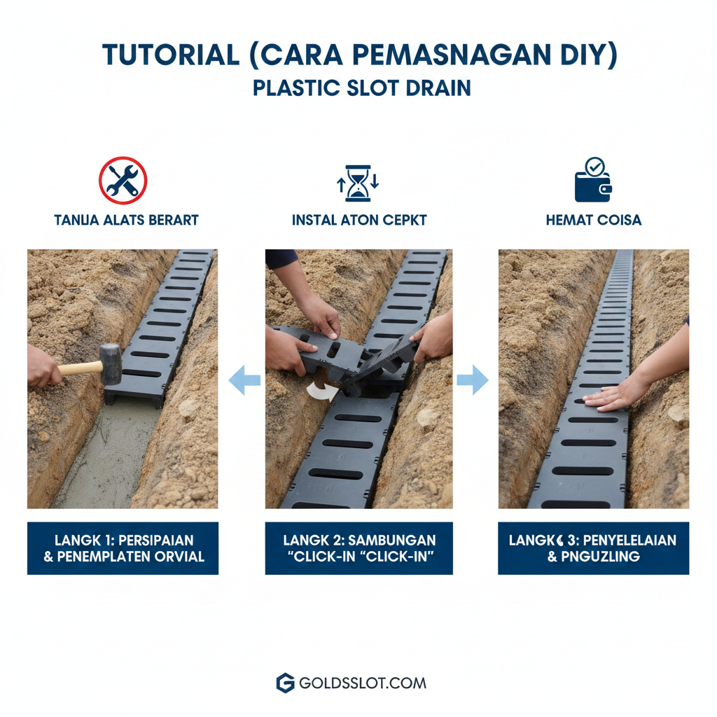 Gambar berkonsep 'X-Ray' atau 'Cut-out View' yang menunjukkan fitur material dan desain. Di satu sisi, tunjukkan penampang saluran slot drain yang terbuat dari material HDPE/PVC berkualitas tinggi, dengan teks kecil yang menyoroti '100% Anti-Korosi' dan 'Ringan'. Di sisi lain, perbandingkan dengan potongan besi tuang berkarat. Skema warna harus kontras: plastik terlihat cerah dan bersih (biru atau putih), sedangkan besi tua terlihat coklat dan usang, menekankan keunggulan material plastik di iklim tropis Indonesia.