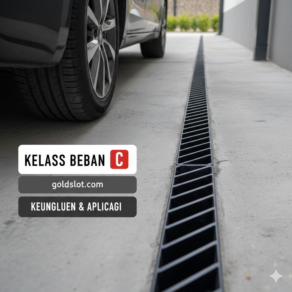 Visual yang membandingkan ketahanan Plastic Slot Drain. Fokus pada sebuah jalur carport/garasi yang menggunakan slot drain. Di satu sisi, tunjukkan detail label produk 'Load Class C' yang menempel pada saluran plastik, dan di atasnya, ada ban mobil yang melintas dengan mulus. Komposisi harus menyeimbangkan antara aspek teknis (Load Class) dan aplikasi nyata (carport), memberikan kepercayaan pada kekuatan produk meskipun terbuat dari plastik. Gunakan warna netral seperti abu-abu dan hitam untuk kesan kuat dan industri ringan.