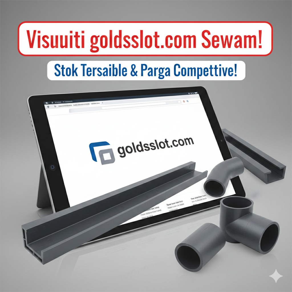 Sebuah gambar ringkasan yang menampilkan logo goldsslot.com (jika ada, atau placeholder), dikelilingi oleh berbagai jenis produk plastic slot drain (lurus, siku, sambungan ujung). Gunakan latar belakang yang menunjukkan katalog atau situs web yang sedang dibuka di tablet, dengan teks ajakan bertindak (CTA) 'Kunjungi goldsslot.com Sekarang!' yang menonjol. Tujuan gambar ini adalah transaksional, mendorong tindakan pembelian. Tata letak harus bersih dan profesional, dengan fokus pada ketersediaan stok dan harga kompetitif.
