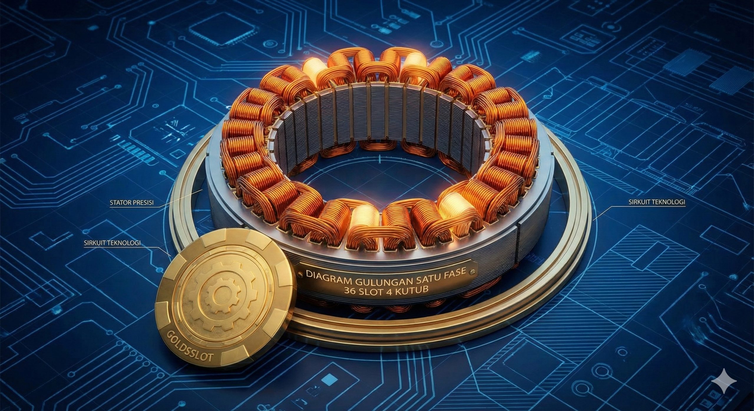 Sebuah gambar 3D render yang sangat detail dan presisi dari stator motor 36 slot 4 pole single phase. Kawat tembaga绕组发出 cahaya oranye, berlatar belakang tekstur papan sirkuit biru tua atau cetak biru teknik. Di bagian depan, terdapat chip atau token emas yang merujuk pada brand Goldsslot, menghubungkan konsep 'Slot' dalam teknik dan hiburan digital.