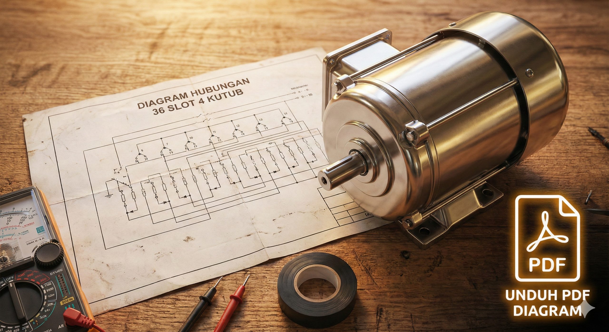 Sebuah gambar statis yang hangat dari sebuah motor listrik yang baru saja selesai digulung, terletak di atas meja kerja kayu. Di sebelahnya, terhampar diagram biru bergambar '36 Slot 4 Pole Connection' yang telah usang. Terdapat simbol PDF yang menonjol di sudut, memberikan fokus pada sumber daya yang dapat diunduh, menciptakan suasana keberhasilan penyelesaian proyek.