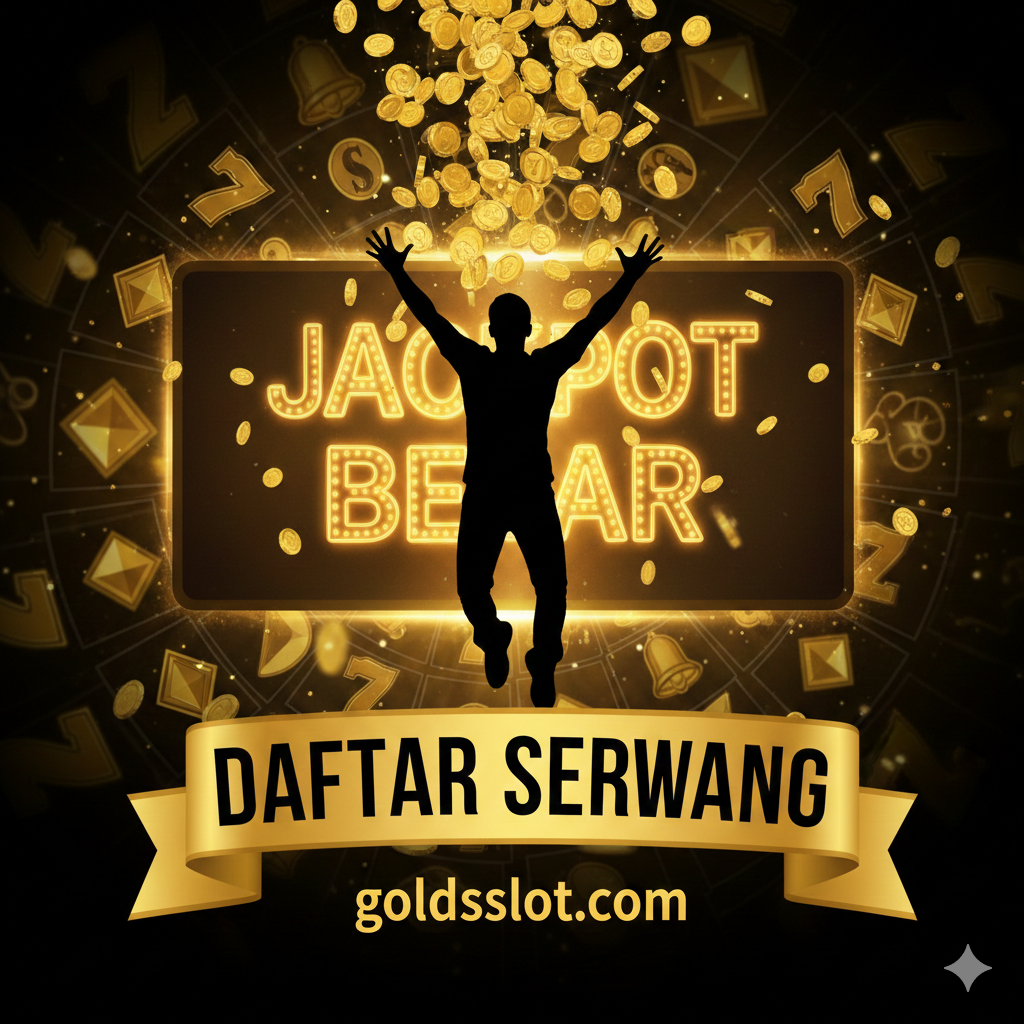 Gambar kesimpulan yang kuat, dirancang sebagai ajakan bertindak (CTA) terakhir. Dominasi warna emas dan hitam. Tampilkan seorang pemain (siluet atau kartun yang bersemangat) yang mengangkat tangan ke udara di depan layar besar berisi tulisan "MAXWIN" atau "JACKPOT", dengan banyak koin emas virtual yang turun dari atas. Teks utama harus menonjolkan "DAFTAR SEKARANG di goldsslot.com" dalam huruf kapital yang menarik perhatian, disematkan di atas latar belakang yang memiliki elemen visual berputar dari mesin slot. Gunakan kontras tinggi untuk memastikan CTA mudah dibaca dan sangat persuasif.