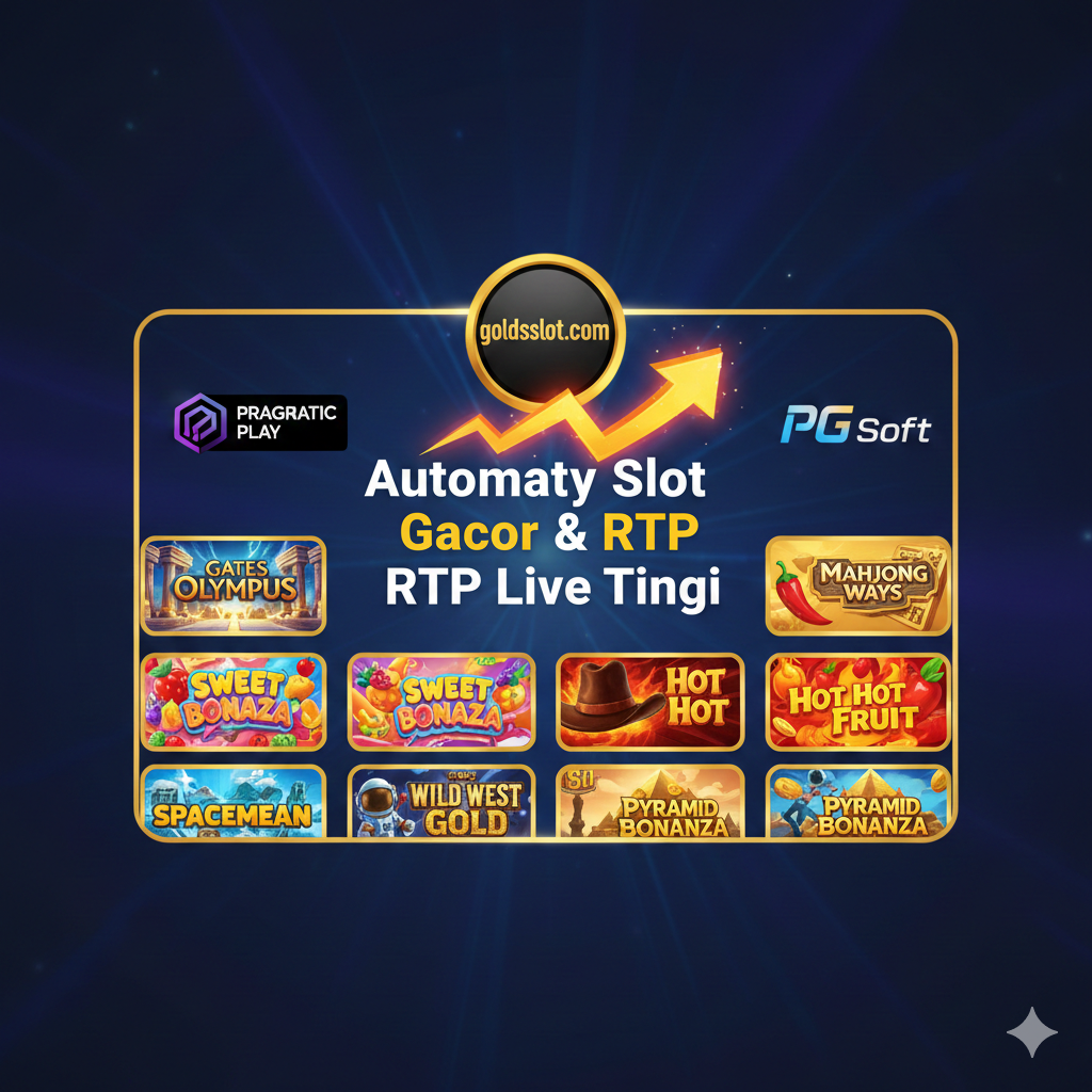 Gambar yang menyoroti fitur unggulan berupa koleksi game slot dari provider ternama (Pragmatic Play, PG Soft, Habanero). Gunakan tata letak grid modern yang menampilkan logo-logo provider tersebut (seperti logo Pragmatic Play dan PG Soft) dengan ikon-ikon game populer seperti Gerbang Olympus (Gates of Olympus) atau Sweet Bonanza yang menonjol. Di tengah, letakkan teks "Automaty Slot Gacor & RTP Live Tinggi" dengan panah ke atas yang dramatis. Skema warna harus cerah, dengan latar belakang biru tua/ungu, menekankan keberagaman dan kualitas pilihan permainan yang tersedia di goldsslot.com.