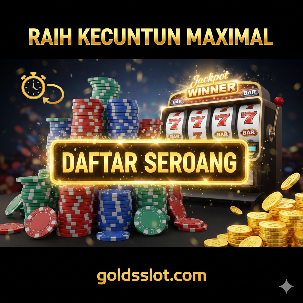 Gambar kesimpulan dan ajakan bertindak (CTA) yang sangat menarik. Fokus utama adalah tombol besar atau banner 'DAFTAR SEKARANG' yang menyala, didominasi warna emas dan neon terang. Di latar belakang, tampilkan panorama kemenangan, seperti tumpukan chip kasino yang tinggi, jackpot besar, dan efek kilauan 'Jackpot WINNER'. Tambahkan elemen visual yang menghubungkan 'available time slot' dengan keuntungan, misalnya panah yang bergerak dari ikon jam menuju tumpukan uang/koin. Teks kunci 'RAIH KEUNTUNGAN MAKSIMAL' harus terlihat jelas, mendorong pengguna untuk segera bertindak dan mengunjungi Goldsslot.