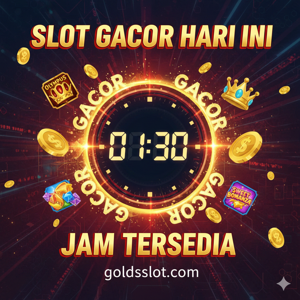 Desain sampul yang dinamis dan berenergi tinggi, didominasi warna emas (gold) dan merah tua/biru gelap yang melambangkan kemewahan Goldsslot. Elemen utama adalah ikon jam digital besar yang menampilkan angka-angka berkedip (misalnya, 01:30) dengan efek 'GACOR' yang menyala. Di sekitar jam, terdapat koin emas berjatuhan dan siluet ikon slot populer Pragmatic Play seperti mahkota Olympus atau permen Sweet Bonanza. Teks kunci 'Available Time Slot' dan 'Jam Gacor Hari Ini' harus menonjol dengan font tebal dan modern, memberikan kesan urgensi dan peluang besar. Gaya harus futuristik dan premium, cocok untuk situs slot terkemuka.