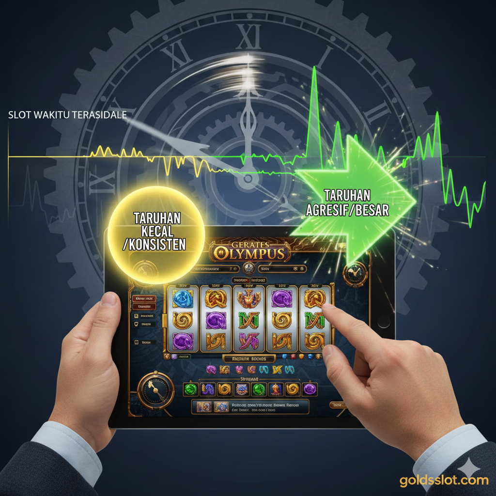 Visual panduan strategi yang menunjukkan proses pengambilan keputusan. Gambar harus menampilkan tangan yang memegang smartphone/tablet (sebagai platform bermain Goldsslot) dengan antarmuka game slot yang sedang berjalan (misalnya, Gates of Olympus). Ada dua panah atau lingkaran visual yang berbeda: satu dengan label 'Kuning/Small Bet' (warna tenang) dan satu lagi dengan label 'Hijau/Aggressive Bet' (warna cerah/merah). Di latar belakang, tambahkan elemen grafik fluktuasi waktu atau jarum jam yang bergerak, menyiratkan transisi antar 'available time slot'. Ini memvisualisasikan tips 'Bet Konsisten' dan 'Bet Agresif' berdasarkan waktu yang tersedia.