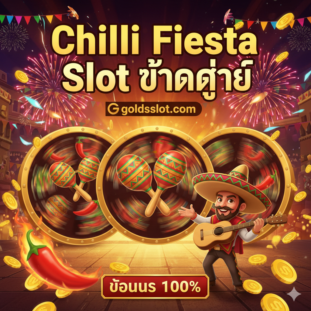 ภาพหน้าปกเกมที่เต็มไปด้วยพลังและสีสันของเทศกาลเม็กซิกัน (Fiesta) เน้นสีแดงสด สีเหลือง และสีเขียวเป็นหลัก แสดงฉากหลังของวงล้อสล็อตที่มีสัญลักษณ์หลัก เช่น พริก มารากัส และตัวละครชาวเม็กซิกัน สาดแสงไฟรื่นเริง โดดเด่นด้วยข้อความภาษาไทยขนาดใหญ่และชัดเจนว่า "Chilli Fiesta Slot แตกง่าย" และโลโก้ goldsslot.com พร้อมข้อเสนอ "โบนัส 100%" วางองค์ประกอบให้ภาพมีความลึกและน่าตื่นเต้นดึงดูดสายตา