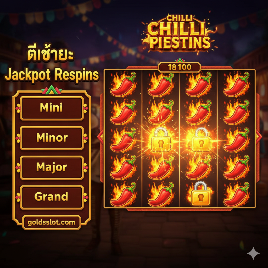 ภาพเน้นฟีเจอร์ Jackpot Respins อันเป็นเอกลักษณ์ของเกม โดยแสดงภาพวงล้อสล็อตในจังหวะที่สัญลักษณ์พริก (Jackpot Symbol) มากกว่า 6 ตัวได้ปรากฏขึ้นและกำลังจะล็อคเพื่อเริ่มฟีเจอร์รีสปิน ใช้โทนสีร้อนแรงและมีแสงเรืองรองรอบสัญลักษณ์พริกเหล่านั้น ด้านข้างมีกรอบข้อความหรือกราฟิกแสดงชื่อ Jackpot ทั้ง 4 ระดับ (Mini, Minor, Major, Grand) พร้อมคำว่า "ฟีเจอร์ Jackpot Respins" เป็นภาษาไทย เพื่อเน้นถึงโอกาสในการรับรางวัลใหญ่