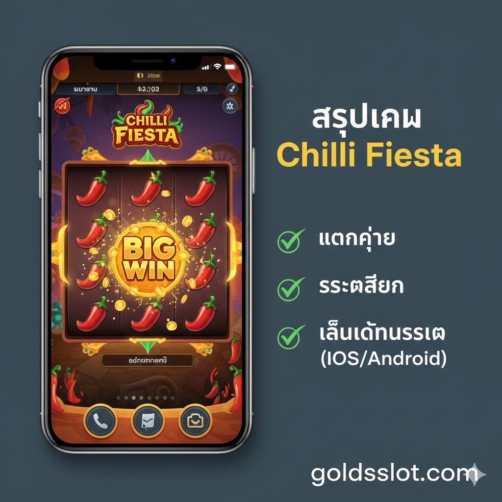 ภาพสรุปและแสดงการรองรับการเล่นบนมือถือ (Mobile Compatibility) จัดวางหน้าจอโทรศัพท์มือถือ (สมาร์ทโฟน) ในแนวตั้งหรือแนวนอน แสดงเกม Chilli Fiesta ที่กำลังเล่นอยู่ได้อย่างสมบูรณ์แบบบนหน้าจอ ด้านข้างหรือด้านบนของภาพมีรายการสรุปสั้นๆ (Checklist) เช่น "✔️ แตกง่าย", "✔️ ระบบเสถียร" และ "✔️ เล่นได้ทุกระบบ (iOS/Android)" เน้นภาพที่สะอาด ทันสมัย และลื่นไหล เพื่อยืนยันว่าผู้เล่นสามารถสนุกกับเกมได้ทุกที่ทุกเวลา