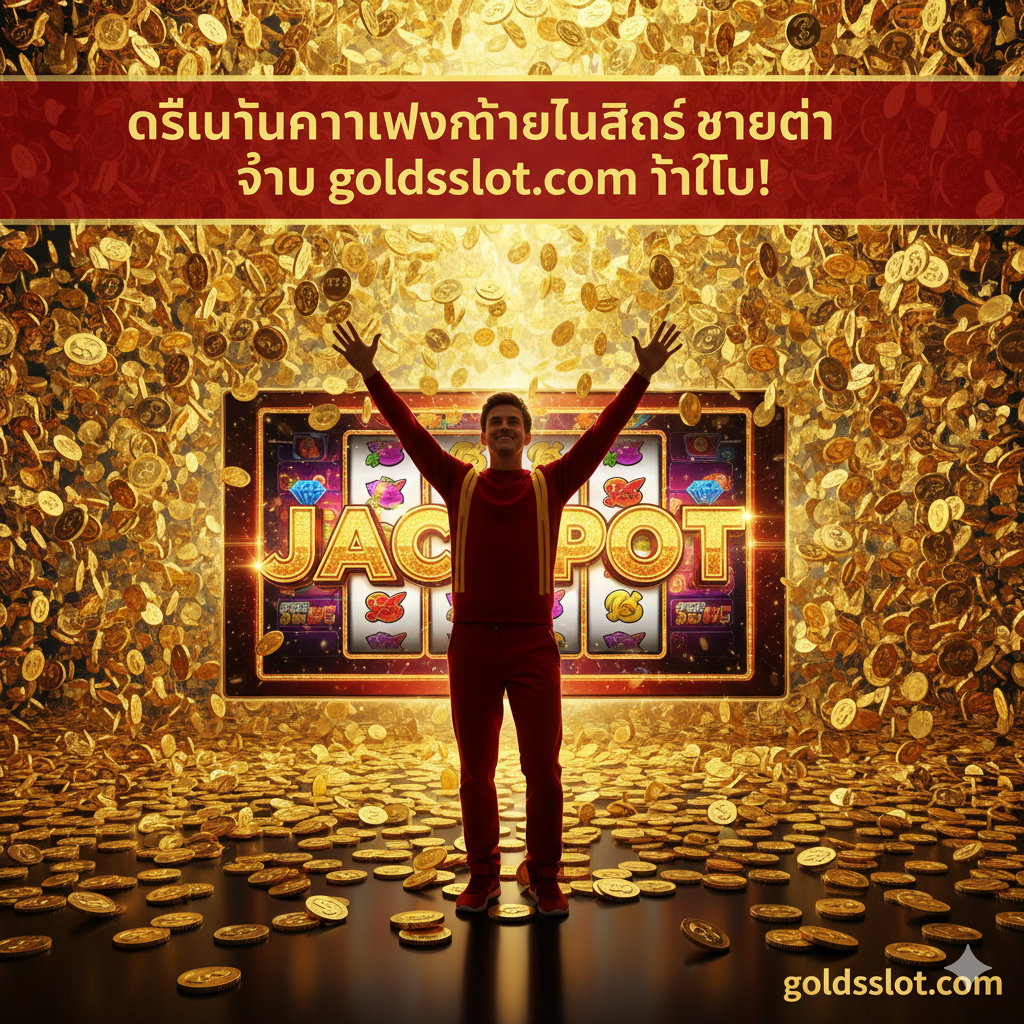 ภาพผู้เล่นแสดงความยินดีกับรางวัลแจ็คพอต พร้อมกับเหรียญทองที่โปรยปรายลงมาและข้อความ 'เริ่มต้นความหลงใหลในสล็อตของคุณกับ goldsslot.com วันนี้!'